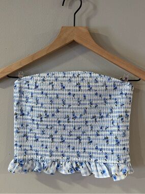 Smocked Blue Cotton Floral Gingham Tube Top with Ruffle Hem